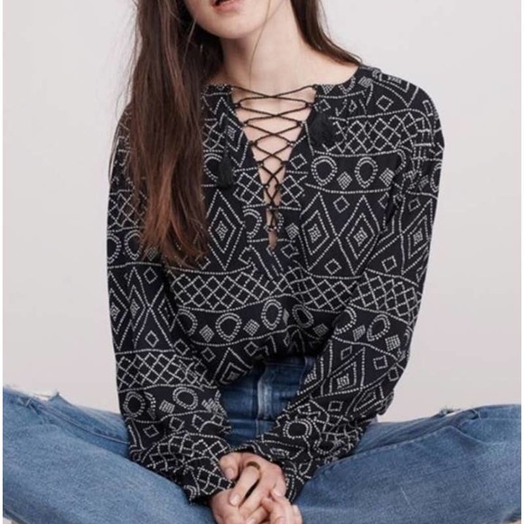 Madewell Tops - Madewell Womens Lace Up Peasant Pullover Top Size Small Black Caravan Print Boho